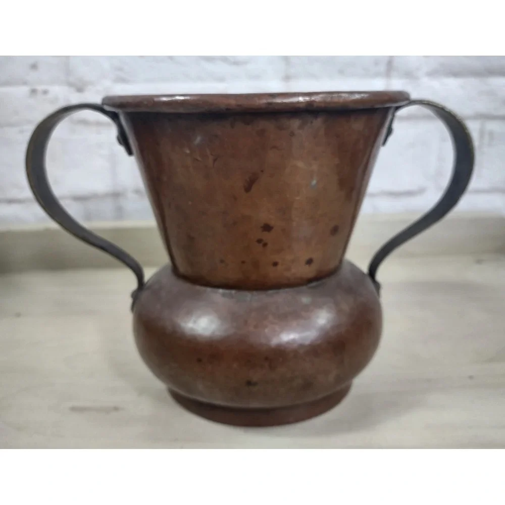 Vtg Hand Hammered Solid Copper Vase Urn Brass Handles Rustic Farm Decor Heavy